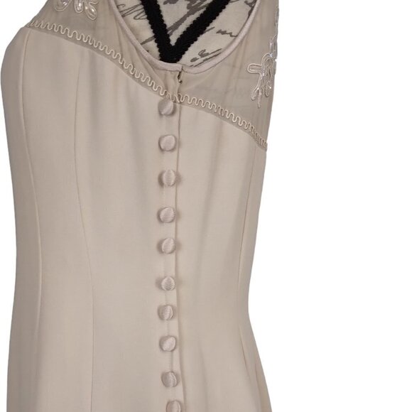 Donna Morgan | Beaded Embroidered Sheer Crepe Sheath Dress Beige  |  Size 10 - Picture 5 of 10
